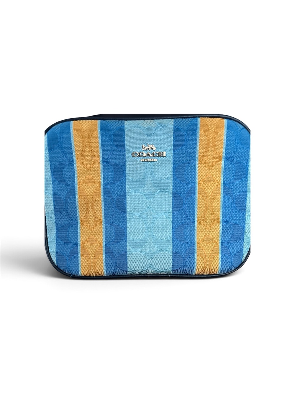 Coach mini Camera bag in yellow and blue stripes and a blue wristlet wallet. - Picture 3 of 7